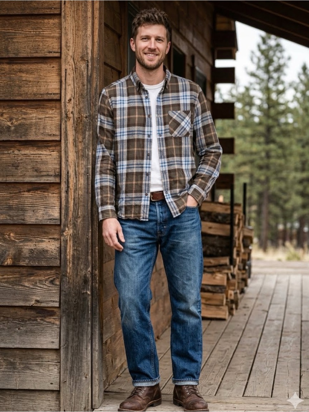 HUGO BOSS Straight Fit Plaid Rugged Flannel Brown Button Down Gorpcore Shirt M